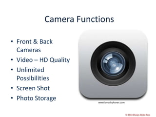 Camera Functions
• Front & Back
Cameras
• Video – HD Quality
• Unlimited
Possibilities
• Screen Shot
• Photo Storage

www.ismashphones.com

 
