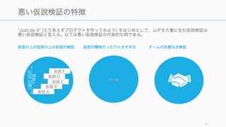 Just do it (とりあえずプロダクトを作ってみよう) をはじめとして、ムダを大量に生む仮説検証は
悪い仮説検証と言える。以下は悪い仮説検証の代表的な例である。
37
悪い仮説検証の特徴
仮説 A
仮説 B
仮説 C
仮説 D
仮説 E
仮説の上の仮説の上の仮説の検証 仮説が曖昧だったり小さすぎる チームの合意なき検証
仮説
1個のMVP
で検証
 