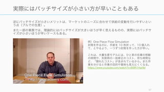 逆にバッチサイズが小さいメリットは、マーケットのニーズに合わせて供給の変動を行いやすいとい
う点（プルでの生産）。
また一部の業務では、理論的にはバッチサイズが大きいほうが早く思えるものの、実際にはバッチサ
イズが小さいほうが早いケースもある。
57
実際にはバッチサイズが小さい方が早いこともある
例）One Piece Flow Simulation
封筒を作るのに、手紙を 10 枚折って、10 個入れ
て、とやるより、一つずつ封筒を作った方が早い。
これは、大量生産モデルには、ひと束の在庫の移動
の時間や、失敗時の一括修正のコスト、待ち時間な
ど、「隠れたコスト」が含まれているから。また作
業を分けると作業の目的や意味も見えにくくなる。
https://www.youtube.com/watch?v=Bi9R1Hqr8d
 