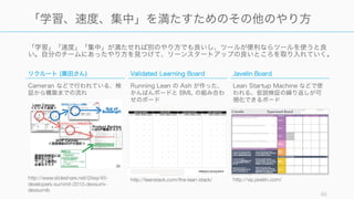 「学習」「速度」「集中」が満たせれば別のやり方でも良いし、ツールが便利ならツールを使うと良
い。自分のチームにあったやり方を見つけて、リーンスタートアップの良いところを取り入れていく。
65
「学習、速度、集中」を満たすためのその他のやり方
http://www.slideshare.net/i2key/45-
developers-summit-2015-devsumi-
devsumib
リクルート (黒田さん)
Cameran などで行われている、検
証から構築までの流れ
Javelin Board
Lean Startup Machine などで使
われる、仮説検証の繰り返しが可
視化できるボード
http://vip.javelin.com/
Validated Learning Board
Running Lean の Ash が作った、
かんばんボードと BML の組み合わ
せのボード
http://leanstack.com/the-lean-stack/
 