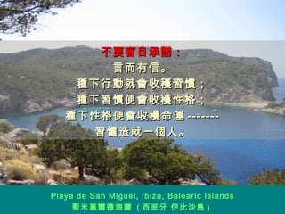 不要盲目承諾： 言而有信。 種下行動就會收穫習慣； 種下習慣便會收穫性格； 種下性格便會收穫命運 ------- 習慣造就一個人。 Playa de San Miguel, Ibiza, Balearic Islands 聖米蓋爾德海灘  ( 西班牙 伊比沙島 )  
