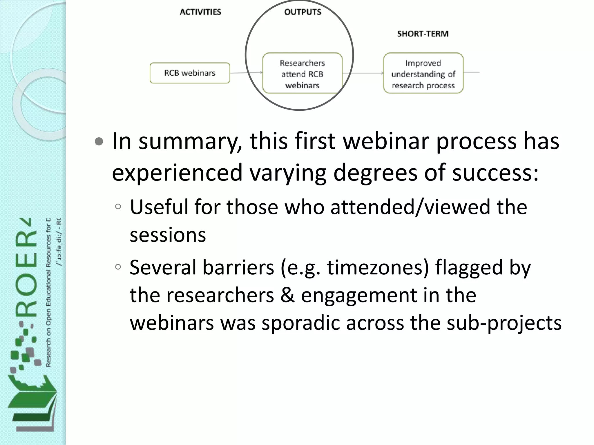  In summary, this first webinar process has
experienced varying degrees of success:
◦ Useful for those who attended/viewed the
sessions
◦ Several barriers (e.g. timezones) flagged by
the researchers & engagement in the
webinars was sporadic across the sub-projects
 