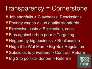 Transparency = CornerstoneTransparency = Cornerstone
 Job shortfalls > Clawbacks, RescissionsJob shortfalls > Clawbacks, ...