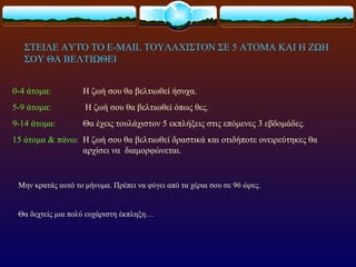 ΣΤΕΙΛΕ ΑΥΤΌ ΤΟ E-MAIL ΤΟΥΛΑΧΙΣΤΟΝ ΣΕ 5 ΑΤΟΜΑ ΚΑΙ Η ΖΩΗ
   ΣΟΥ ΘΑ ΒΕΛΤΙΩΘΕΙ


0-4 άτομα:         Η ζωή σου θα βελτιωθεί ήσυχα.
5-9 άτομα:          Η ζωή σου θα βελτιωθεί όπως θες.
9-14 άτομα:        Θα έχεις τουλάχιστον 5 εκπλήξεις στις επόμενες 3 εβδομάδες.
15 άτομα & πάνω: Η ζωή σου θα βελτιωθεί δραστικά και οτιδήποτε ονειρεύτηκες θα
                 αρχίσει να διαμορφώνεται.


 Μην κρατάς αυτό το μήνυμα. Πρέπει να φύγει από τα χέρια σου σε 96 ώρες.


 Θα δεχτείς μια πολύ ευχάριστη έκπληξη…
 