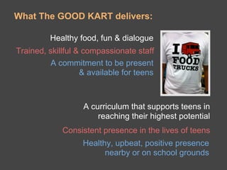 What The GOOD KART delivers:

         Healthy food, fun & dialogue
Trained, skillful & compassionate staff
          A commitment to be present
                   & available for teens



                   A curriculum that supports teens in
                       reaching their highest potential
             Consistent presence in the lives of teens
                   Healthy, upbeat, positive presence
                         nearby or on school grounds
 