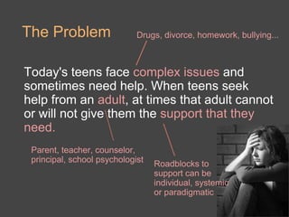 The Problem                  Drugs, divorce, homework, bullying...



Today's teens face complex issues and
sometimes need help. When teens seek
help from an adult, at times that adult cannot
or will not give them the support that they
need.
 Parent, teacher, counselor,
 principal, school psychologist   Roadblocks to
                                  support can be
                                  individual, systemic
                                  or paradigmatic
 