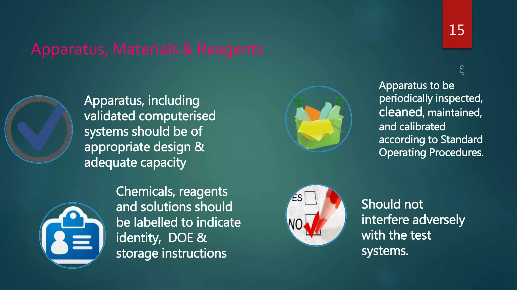 15
Apparatus, Materials & Reagents
Apparatus, including
validated computerised
systems should be of
appropriate design &
adequate capacity
Chemicals, reagents
and solutions should
be labelled to indicate
identity, DOE &
storage instructions
Apparatus to be
periodically inspected,
cleaned, maintained,
and calibrated
according to Standard
Operating Procedures.
Should not
interfere adversely
with the test
systems.
 