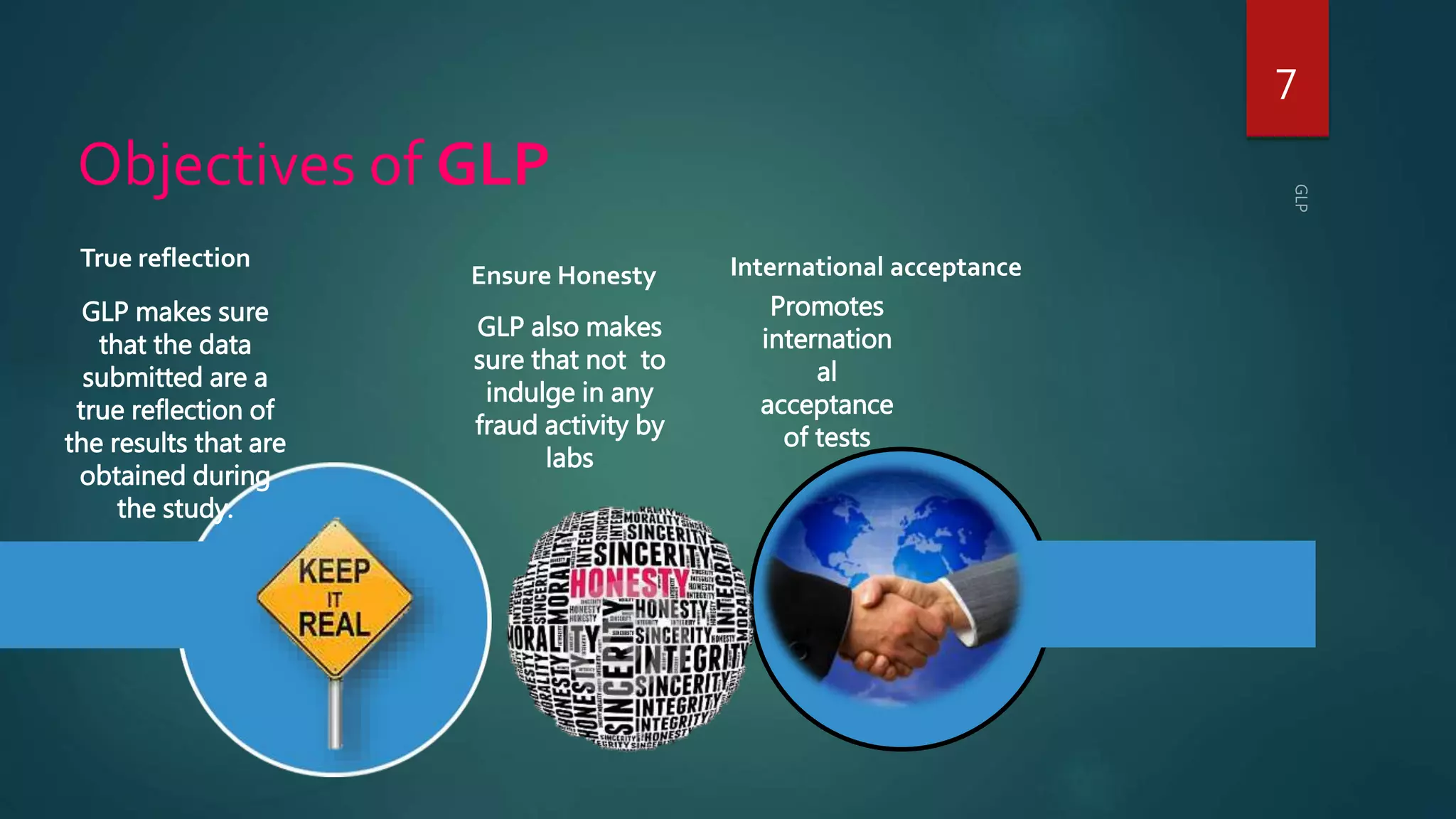 Objectives of GLP
7
True reflection
Ensure Honesty International acceptance
GLP makes sure
that the data
submitted are a
true reflection of
the results that are
obtained during
the study.
GLP also makes
sure that not to
indulge in any
fraud activity by
labs
Promotes
internation
al
acceptance
of tests
 