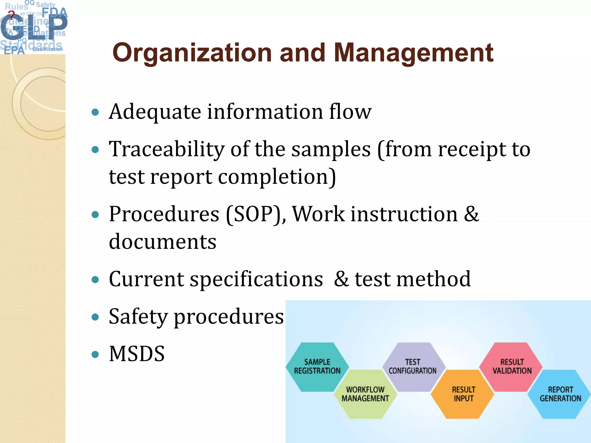 Organization and ManagementOrganization and Management
 Adequate information flow
 Traceability of the samples (from receipt to
test report completion)
 Procedures (SOP), Work instruction & Procedures (SOP), Work instruction &
documents
 Current specifications & test method
 Safety procedures
 MSDS
10
 