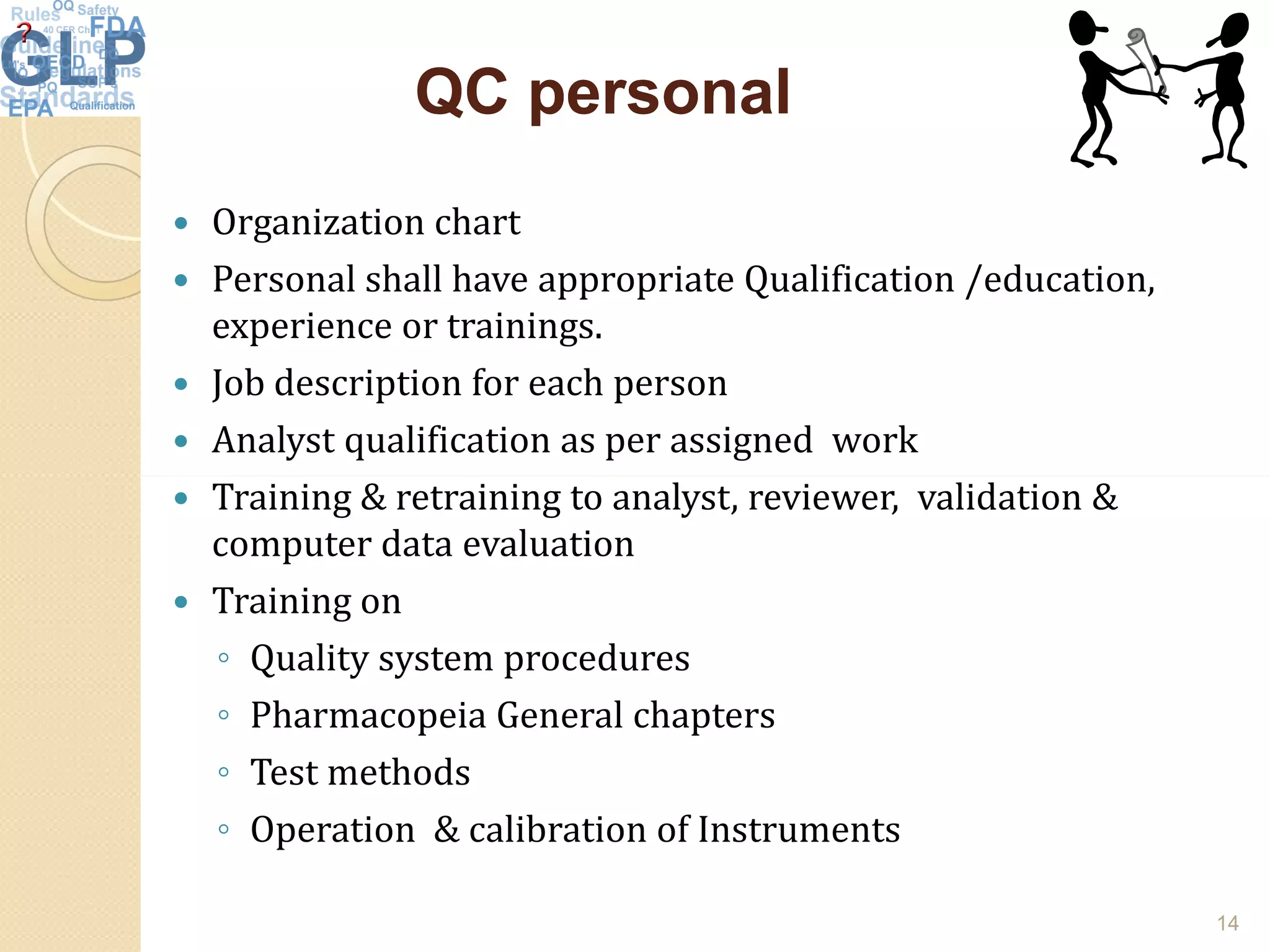 QC personalQC personal
 Organization chart
 Personal shall have appropriate Qualification /education,
experience or trainings.
 Job description for each person
 Analyst qualification as per assigned work
Training & retraining to analyst, reviewer, validation & Training & retraining to analyst, reviewer, validation &
computer data evaluation
 Training on
◦ Quality system procedures
◦ Pharmacopeia General chapters
◦ Test methods
◦ Operation & calibration of Instruments
14
 