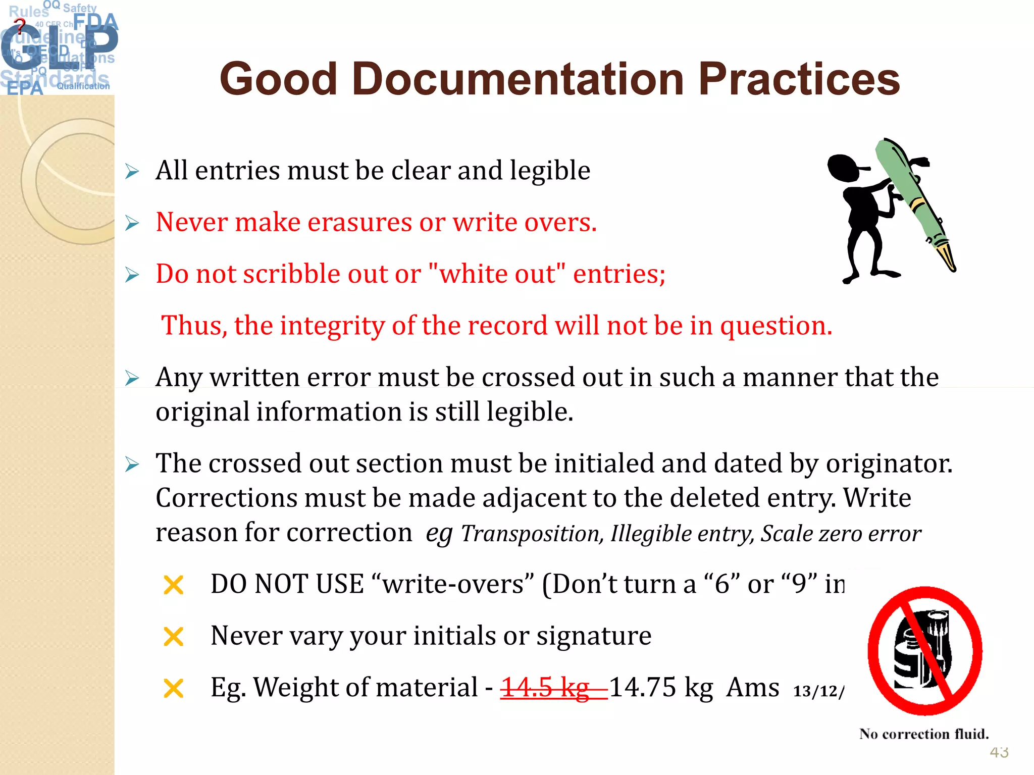 Good Documentation PracticesGood Documentation Practices
 All entries must be clear and legible
 Never make erasures or write overs.
 Do not scribble out or "white out" entries;
Thus, the integrity of the record will not be in question.
 Any written error must be crossed out in such a manner that the Any written error must be crossed out in such a manner that the
original information is still legible.
 The crossed out section must be initialed and dated by originator.
Corrections must be made adjacent to the deleted entry. Write
reason for correction eg Transposition, Illegible entry, Scale zero error
 DO NOT USE “write-overs” (Don’t turn a “6” or “9” into an “8”.)
 Never vary your initials or signature
 Eg. Weight of material - 14.5 kg 14.75 kg Ams 13/12/07
43
 