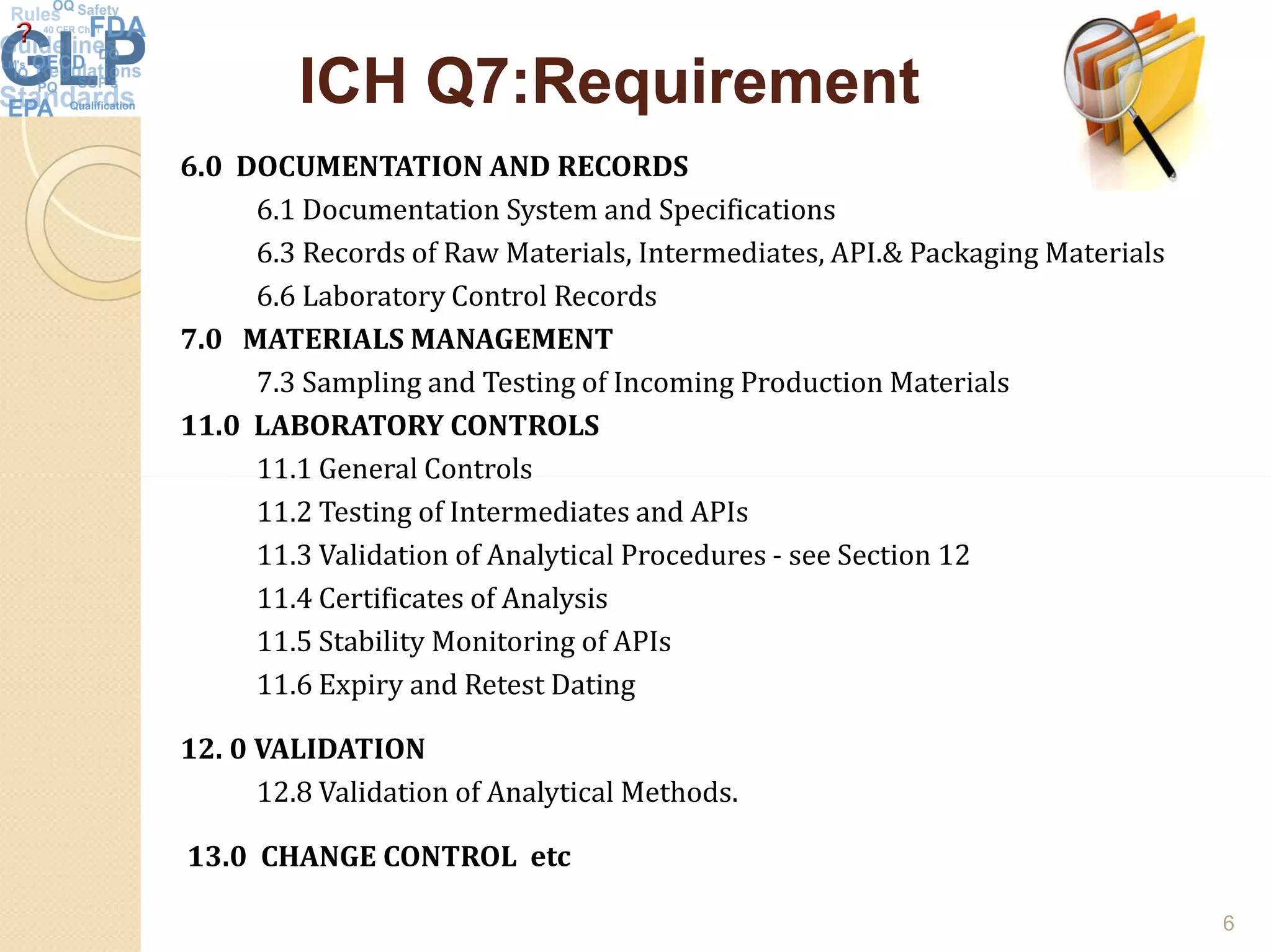 ICH Q7:RequirementICH Q7:Requirement
6.0 DOCUMENTATION AND RECORDS
6.1 Documentation System and Specifications
6.3 Records of Raw Materials, Intermediates, API.& Packaging Materials
6.6 Laboratory Control Records
7.0 MATERIALS MANAGEMENT
7.3 Sampling and Testing of Incoming Production Materials
11.0 LABORATORY CONTROLS
11.1 General Controls11.1 General Controls
11.2 Testing of Intermediates and APIs
11.3 Validation of Analytical Procedures - see Section 12
11.4 Certificates of Analysis
11.5 Stability Monitoring of APIs
11.6 Expiry and Retest Dating
12. 0 VALIDATION
12.8 Validation of Analytical Methods.
13.0 CHANGE CONTROL etc
6
 