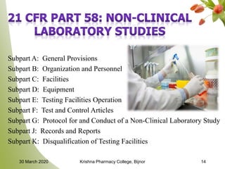 Subpart A: General Provisions
Subpart B: Organization and Personnel
Subpart C: Facilities
Subpart D: Equipment
Subpart E: Testing Facilities Operation
Subpart F: Test and Control Articles
Subpart G: Protocol for and Conduct of a Non-Clinical Laboratory Study
Subpart J: Records and Reports
Subpart K: Disqualification of Testing Facilities
1430 March 2020 Krishna Pharmacy College, Bijnor
 