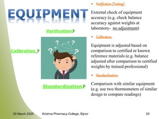 • Verification(Testing):
External check of equipment
accuracy (e.g. check balance
accuracy against weights at
laboratory- no adjustment)
• Calibration:
Equipment is adjusted based on
comparison to certified or known
reference materials (e.g. balance
adjusted after comparison to certified
weights by trained professional)
• Standardization:
Comparison with similar equipment
(e.g. use two thermometers of similar
design to compare readings)
Verification?
Calibration ?
Standardization?
2030 March 2020 Krishna Pharmacy College, Bijnor
 