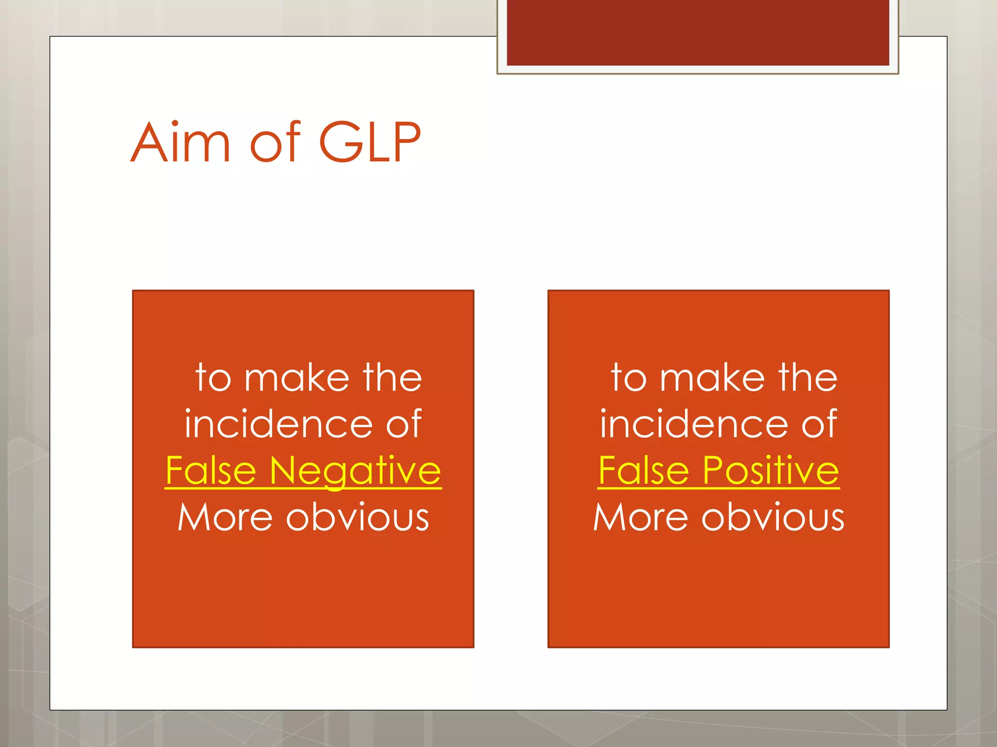 Aim of GLP
to make the
incidence of
False Negative
More obvious
to make the
incidence of
False Positive
More obvious
 
