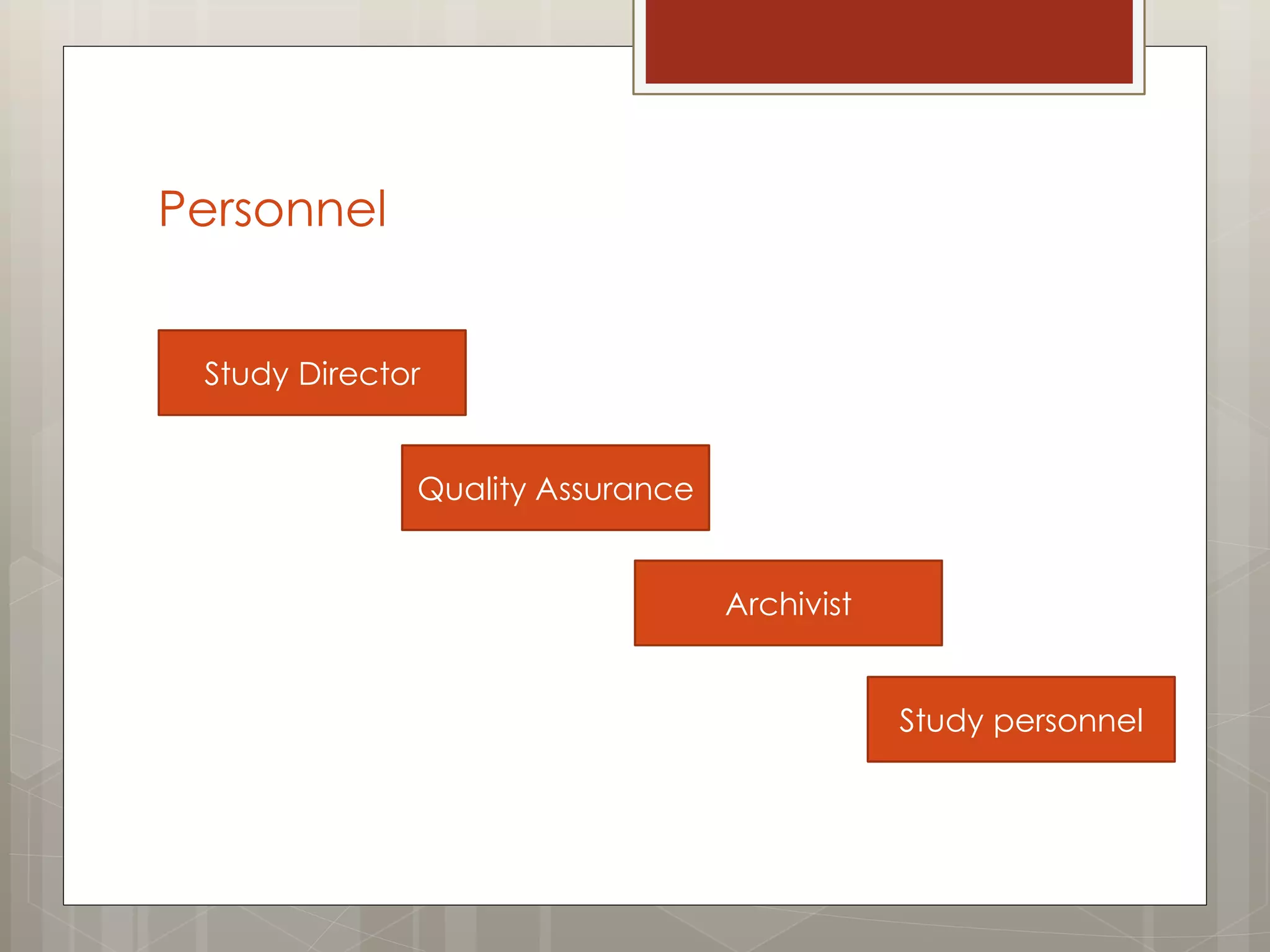 Personnel
Study Director
Quality Assurance
Archivist
Study personnel
 