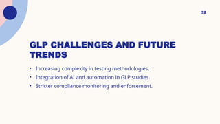 32
GLP CHALLENGES AND FUTURE
TRENDS
• Increasing complexity in testing methodologies.
• Integration of AI and automation in GLP studies.
• Stricter compliance monitoring and enforcement.
 