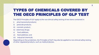 7
TYPES OF CHEMICALS COVERED BY
THE OECD PRINCIPLES OF GLP TEST
The OECD Principles of GLP apply to the non-clinical safety testing of test items contained in:
i) pharmaceutical products;
ii) pesticide products;
iii) cosmetic product;
iv) veterinary drugs;
v) food additives;
vi) feed additives; and
vii) industrial chemicals.
Depending on the jurisdiction, the Principles of GLP may also be applied to non-clinical safety testing
of other regulated products, such as medical devices.
 