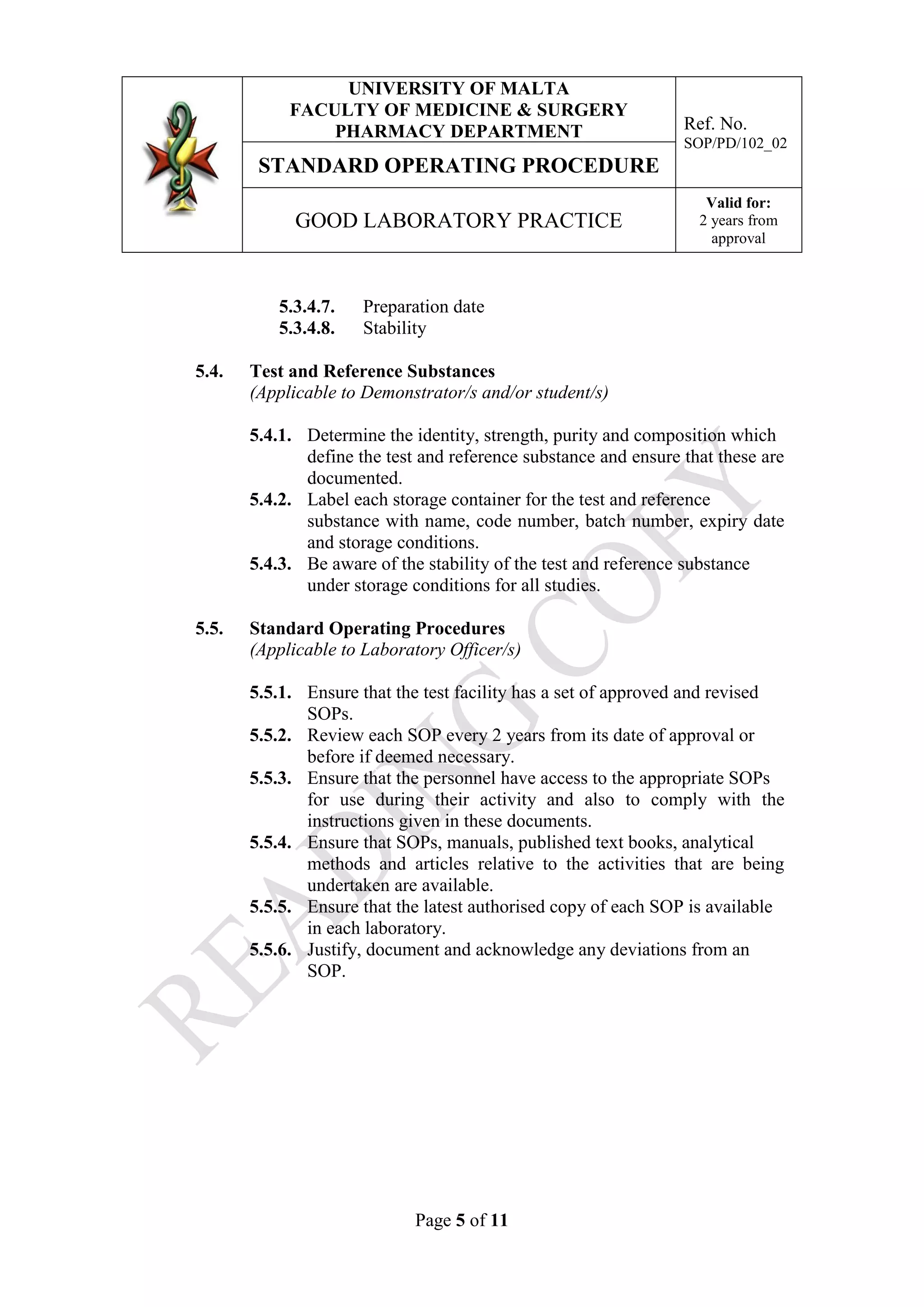 Good laboratory practice SOP | PDF