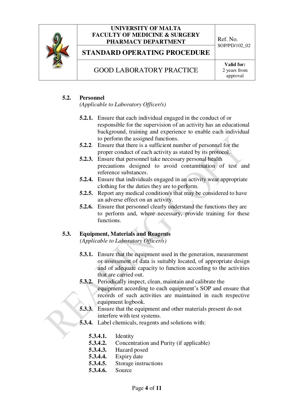 Good laboratory practice SOP