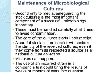 Maintenance of Microbiological
Cultures
 Second only to media, safeguarding the
stock cultures is the most important
component of a successful microbiology
laboratory.
 These must be handled carefully at all times
to avoid contamination.
 The care of the cultures starts upon receipt.
 A careful stock culture curator will confirm
the identity of the received cultures, even if
they come from as respected a source as a
national culture collection.
 Mistakes can happen.
 The use of an incorrect strain in a
compendia test could bring the results of
 
