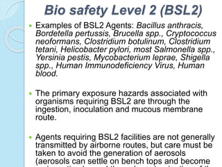 Bio safety Level 2 (BSL2)
 Examples of BSL2 Agents: Bacillus anthracis,
Bordetella pertussis, Brucella spp., Cryptococcus
neoformans, Clostridium botulinum, Clostridium
tetani, Helicobacter pylori, most Salmonella spp.,
Yersinia pestis, Mycobacterium leprae, Shigella
spp., Human Immunodeficiency Virus, Human
blood.
 The primary exposure hazards associated with
organisms requiring BSL2 are through the
ingestion, inoculation and mucous membrane
route.
 Agents requiring BSL2 facilities are not generally
transmitted by airborne routes, but care must be
taken to avoid the generation of aerosols
(aerosols can settle on bench tops and become
 