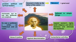 charismatic, but he
was also deliberate
and analytical.
Honored in India as the
father of the nation
expand women’s rights,
build religious and ethnic
harmony and eliminate
the injustices.
He was a politician,
a writer, an
intellectual and an
orator.
believed in simple
things
= great soul"Mahatma”
humanitarian activitiesValues & justice
Against descrimination
greatest political and
spiritual leaders.
 