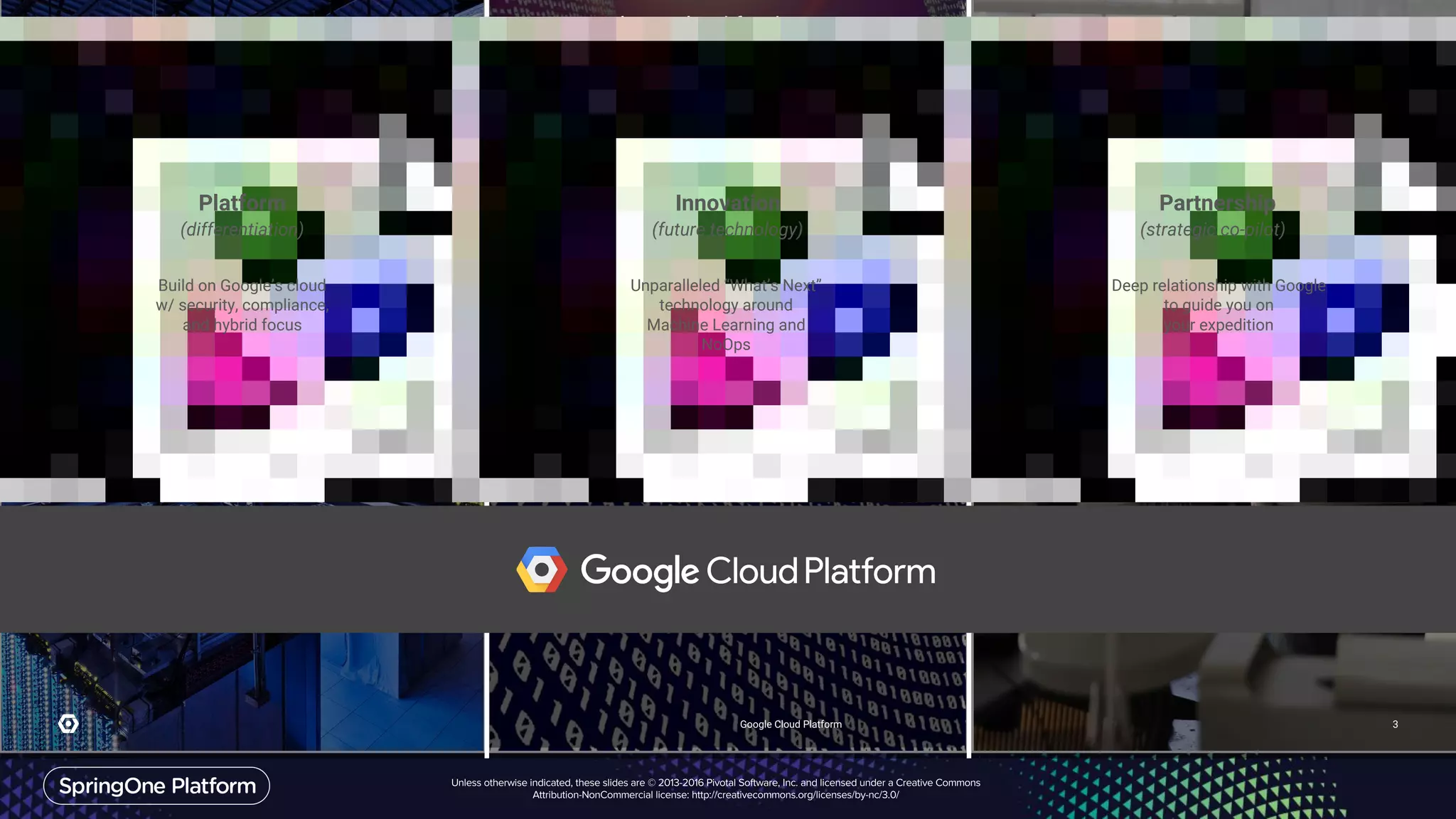 An Evolving Cloud for the Enterprise
Google Cloud Platform 3
Build on Google’s cloud
w/ security, compliance,
and hybrid focus
Platform
(differentiation)
Innovation
(future technology)
Unparalleled “What’s Next”
technology around
Machine Learning and
NoOps
Partnership
(strategic co-pilot)
Deep relationship with Google
to guide you on
your expedition
 