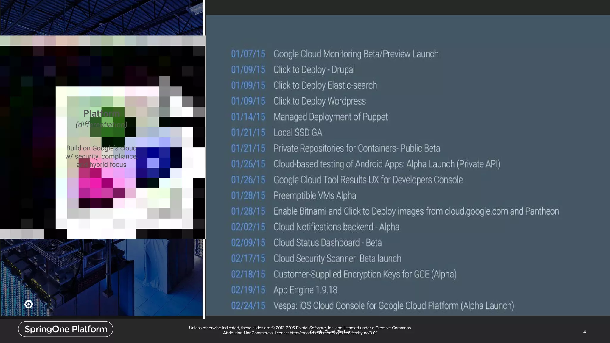 Build on Google’s cloud
w/ security, compliance,
and hybrid focus
Platform
(differentiation)
Google Cloud Platform 4
 