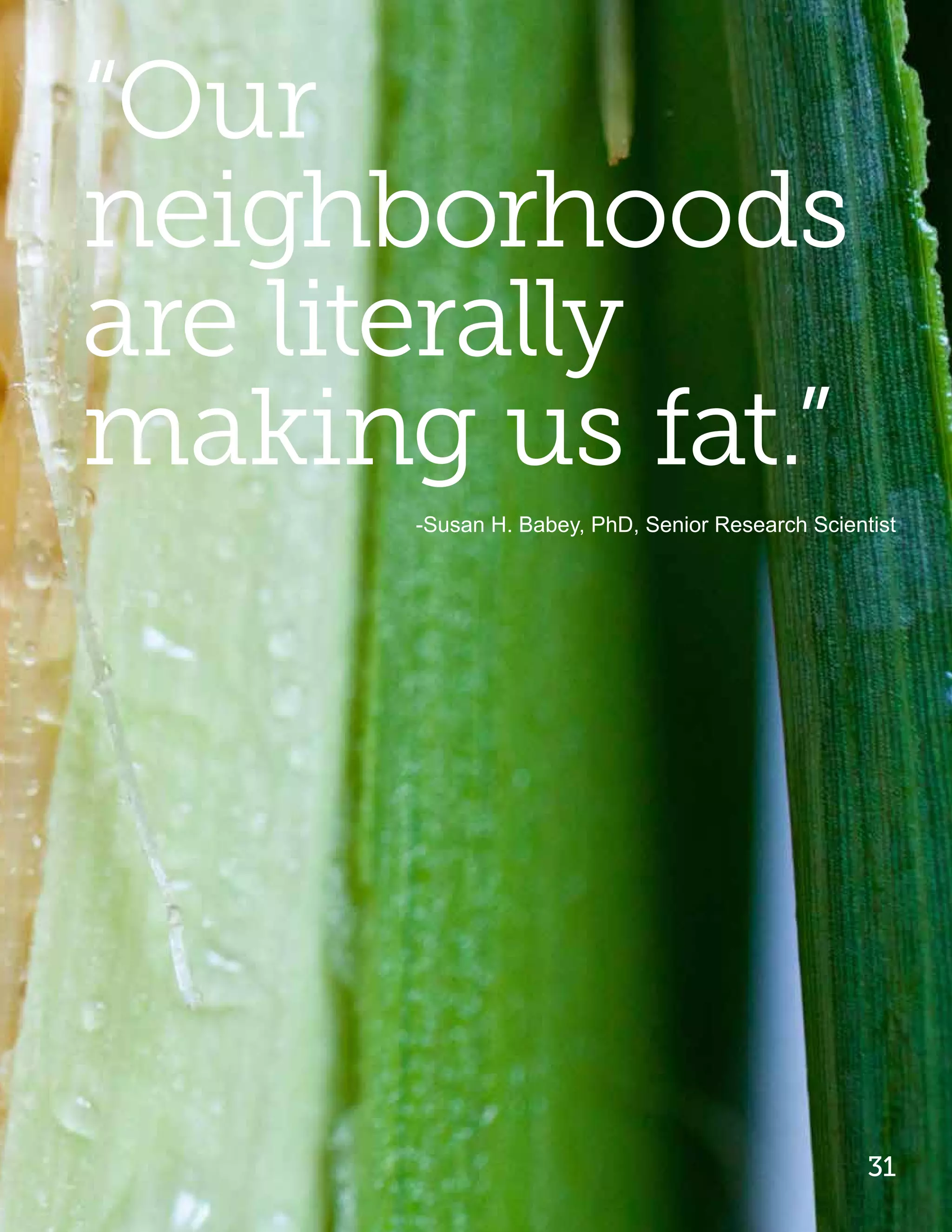 “Our
neighborhoods
are literally
making us fat.”
      -Susan H. Babey, PhD, Senior Research Scientist




                                                  31
 