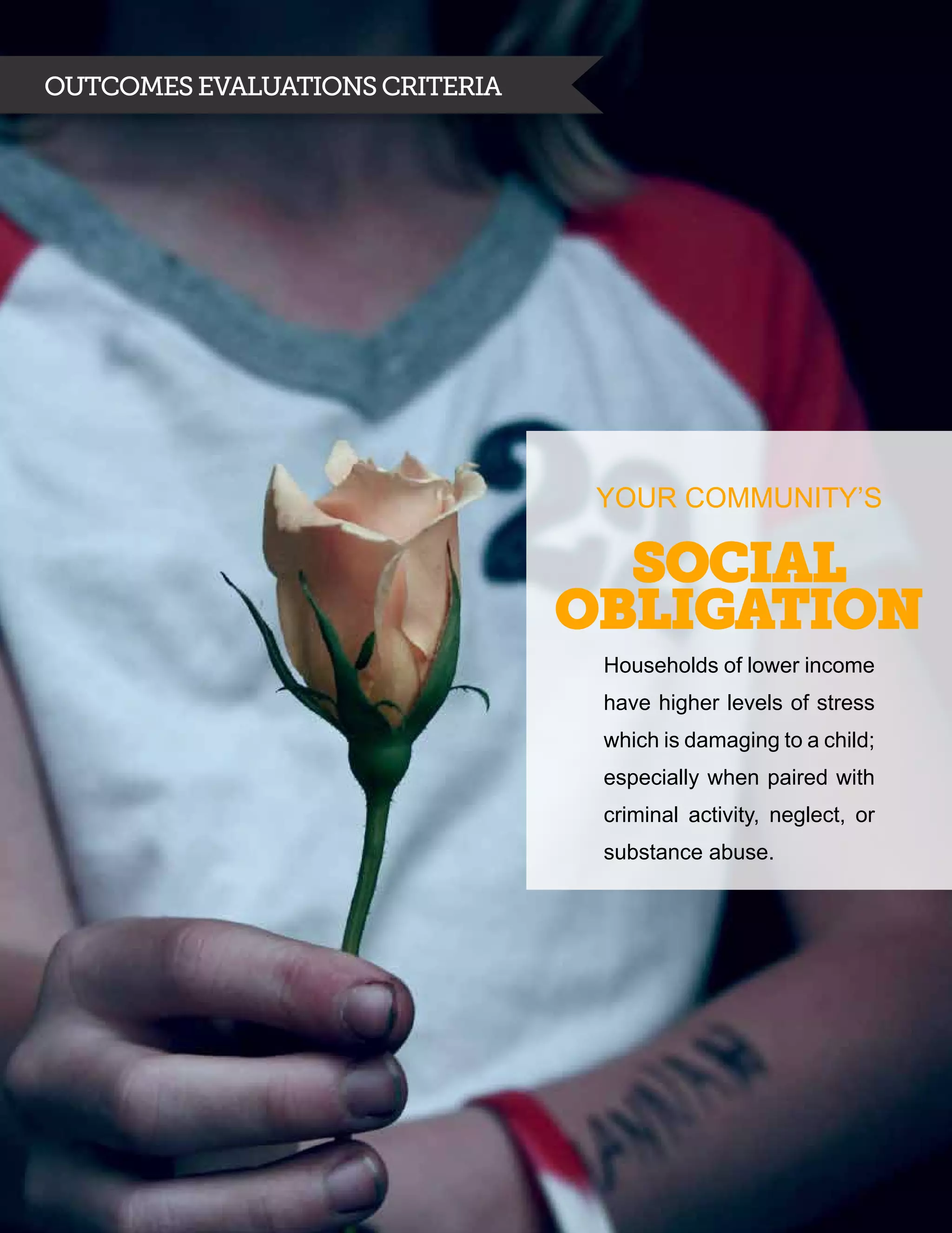 Outcomes evaluations criteria




                                 YOUR COMMUNITY’S

                                  Social
                                Obligation
                                 Households of lower income
                                 have higher levels of stress
                                 which is damaging to a child;
                                 especially when paired with
                                 criminal activity, neglect, or
                                 substance abuse.
 