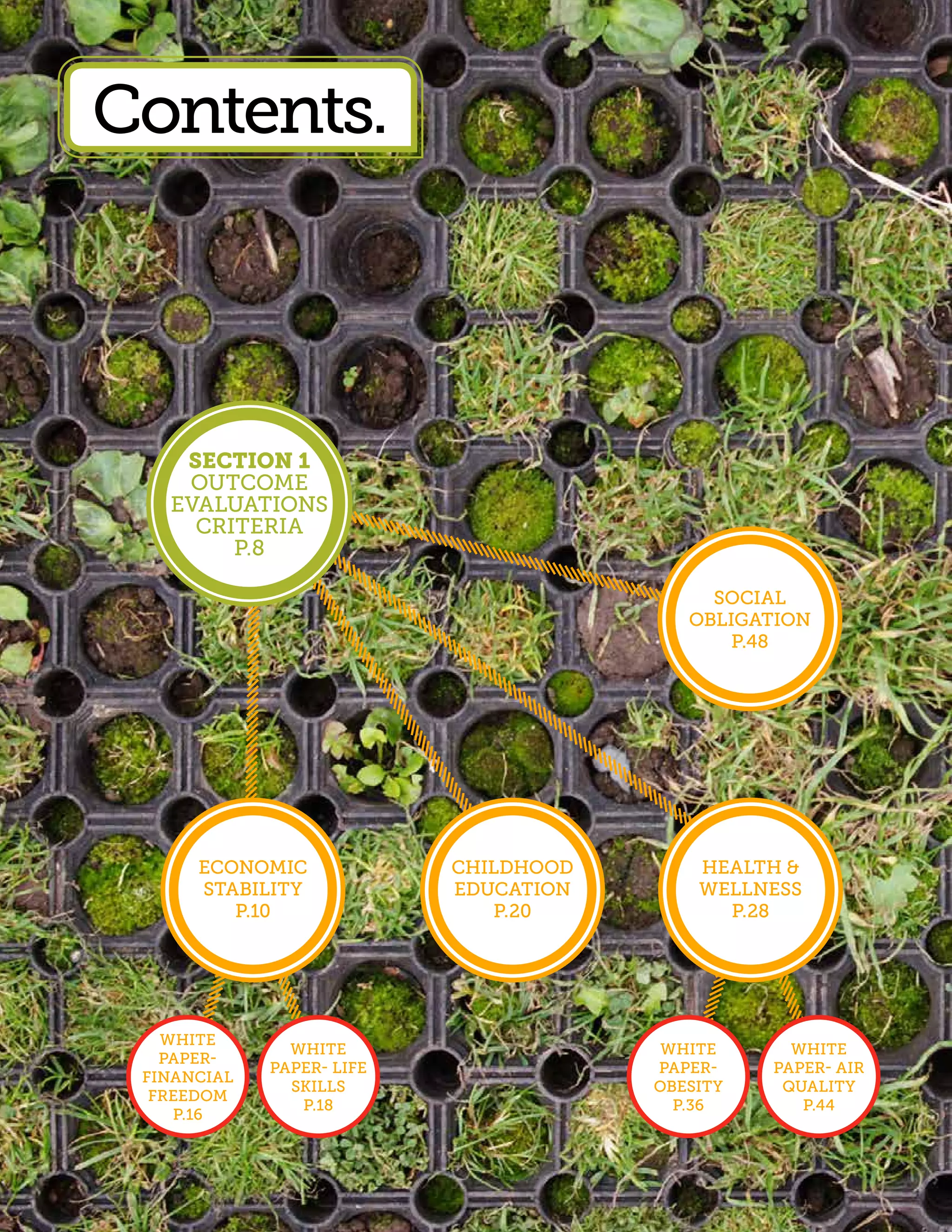 Contents.



    Section 1
    Outcome
   Evaluations
     Criteria
        p.8

                                            Social
                                          Obligation
                                              p.48




      Economic             Childhood       Health &
      Stability            Education       Wellness
         p.10                 p.20           p.28




   White
               White                    White      White
   Paper-
             Paper- Life               Paper-    Paper- Air
 Financial
               Skills                  Obesity    Quality
  Freedom
                p.18                     p.36       p.44
    p.16
 