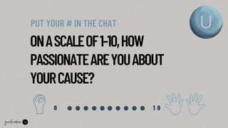 ONASCALEOF1-10,HOW
PASSIONATEAREYOUABOUT
YOURCAUSE?
1 0
PUT YOUR # IN THE CHAT
0
 