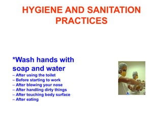 HYGIENE AND SANITATION
PRACTICES
*Wash hands with
soap and water
– After using the toilet
– Before starting to work
– After blowing your nose
– After handling dirty things
– After touching body surface
– After eating
 