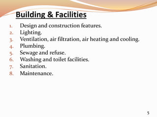 Building & Facilities
1. Design and construction features.
2. Lighting.
3. Ventilation, air filtration, air heating and cooling.
4. Plumbing.
5. Sewage and refuse.
6. Washing and toilet facilities.
7. Sanitation.
8. Maintenance.
5
 