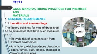 PART I
GOOD MANUFACTURING PRACTICES FOR PREMISES
AND
MATERIALS
1. GENERAL REQUIREMENTS
1.1. Location and surroundings
The factory buildings for mfg. of drugs shall
be so situated or shall have such measures
as: -
To avoid risk of contamination from
external environment.
Any factory, which produces obnoxious
odors, fumes, dust, smoke, chemical or
14
 