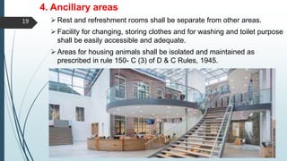 4. Ancillary areas
Rest and refreshment rooms shall be separate from other areas.
Facility for changing, storing clothes and for washing and toilet purpose
shall be easily accessible and adequate.
Areas for housing animals shall be isolated and maintained as
prescribed in rule 150- C (3) of D & C Rules, 1945.
19
 