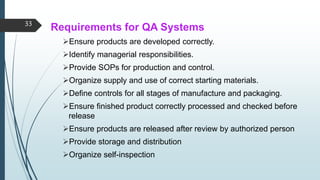 Requirements for QA Systems
Ensure products are developed correctly.
Identify managerial responsibilities.
Provide SOPs for production and control.
Organize supply and use of correct starting materials.
Define controls for all stages of manufacture and packaging.
Ensure finished product correctly processed and checked before
release
Ensure products are released after review by authorized person
Provide storage and distribution
Organize self-inspection
33
 