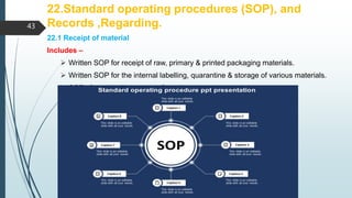22.Standard operating procedures (SOP), and
Records ,Regarding.
22.1 Receipt of material
Includes –
 Written SOP for receipt of raw, primary & printed packaging materials.
 Written SOP for the internal labelling, quarantine & storage of various materials.
 SOPs for related instrument & equipment
43
 