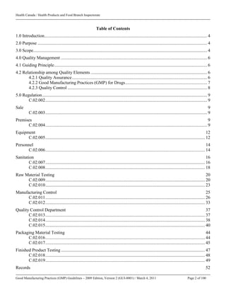 Health Canada / Health Products and Food Branch Inspectorate
Good Manufacturing Practices (GMP) Guidelines – 2009 Edition, Version 2 (GUI-0001) / March 4, 2011 Page 2 of 100
Table of Contents
1.0 Introduction................................................................................................................................................... 4
2.0 Purpose ......................................................................................................................................................... 4
3.0 Scope............................................................................................................................................................. 4
4.0 Quality Management .................................................................................................................................... 6
4.1 Guiding Principle.......................................................................................................................................... 6
4.2 Relationship among Quality Elements ......................................................................................................... 6
4.2.1 Quality Assurance.......................................................................................................................... 6
4.2.2 Good Manufacturing Practices (GMP) for Drugs.......................................................................... 7
4.2.3 Quality Control .............................................................................................................................. 8
5.0 Regulation..................................................................................................................................................... 9
C.02.002.................................................................................................................................................. 9
Sale 9
C.02.003.................................................................................................................................................. 9
Premises 9
C.02.004.................................................................................................................................................. 9
Equipment 12
C.02.005................................................................................................................................................ 12
Personnel 14
C.02.006................................................................................................................................................ 14
Sanitation 16
C.02.007................................................................................................................................................ 16
C.02.008................................................................................................................................................ 18
Raw Material Testing 20
C.02.009................................................................................................................................................ 20
C.02.010................................................................................................................................................ 23
Manufacturing Control 25
C.02.011................................................................................................................................................ 26
C.02.012................................................................................................................................................ 33
Quality Control Department 37
C.02.013................................................................................................................................................ 37
C.02.014................................................................................................................................................ 38
C.02.015................................................................................................................................................ 40
Packaging Material Testing 44
C.02.016................................................................................................................................................ 44
C.02.017................................................................................................................................................ 45
Finished Product Testing.................................................................................................................................. 47
C.02.018................................................................................................................................................ 48
C.02.019................................................................................................................................................ 49
Records 52
 
