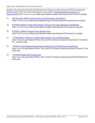 Health Canada / Health Products and Food Branch Inspectorate
Good Manufacturing Practices (GMP) Guidelines – 2009 Edition, Version 2 (GUI-0001) / March 4, 2011 Page 98 of 100
Guidance documents developed by the International Conference on Harmonisation (ICH) and adopted by
Health Canada’s Web site in the Drug Products section under ICH (International Conference on
Harmonisation).(http://www.hc-sc.gc.ca/dhp-mps/prodpharma/applic-demande/guide-ld/ich/index-eng.php)
18. ICH Q1A(R2): Stability Testing of New Drug Substances and Products
(http://www.hc-sc.gc.ca/dhp-mps/prodpharma/applic-demande/guide-ld/ich/qual/q1a(r2)-eng.php)
19. ICH Q1B: Stability Testing: Photostability Testing of New Drug Substances and Products
(http://www.hc-sc.gc.ca/dhp-mps/prodpharma/applic-demande/guide-ld/ich/qual/q1b-eng.php)
20. ICH Q1C: Stability Testing for New Dosage Forms
(http://www.hc-sc.gc.ca/dhp-mps/prodpharma/applic-demande/guide-ld/ich/qual/q1c-eng.php)
21. ICH Q2(R1): Validation of Analytical Procedures: Text and Methodology
(http://www.ich.org/fileadmin/Public_Web_Site/ICH_Products/Guidelines/Quality/Q2_R1/Step4/Q2_
R1__Guideline.pdf)
22. ICH Q7: Good Manufacturing Practices Guide for Active Pharmaceutical Ingredients
(http://www.ich.org/fileadmin/Public_Web_Site/ICH_Products/Guidelines/Quality/Q7/Step4/Q7_Gui
deline.pdf)
23. ICH Q9: Quality Risk Management
(http://www.ich.org/fileadmin/Public_Web_Site/ICH_Products/Guidelines/Quality/Q9/Step4/Q9_Gui
deline.pdf)
 