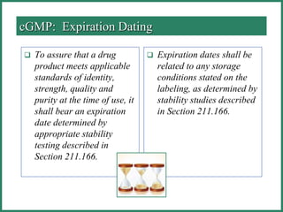  To assure that a drug
product meets applicable
standards of identity,
strength, quality and
purity at the time of use, it
shall bear an expiration
date determined by
appropriate stability
testing described in
Section 211.166.
 Expiration dates shall be
related to any storage
conditions stated on the
labeling, as determined by
stability studies described
in Section 211.166.
cGMP: Expiration Dating
 