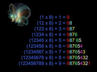 (1 x 8) + 1 =  9 (12 x 8) + 2 =  9 8 (123 x 8) + 3 =  9 8 7 (1234 x 8) + 4 =  9 8 7 6  (12345 x 8) + 5 =  9 8 7   6 5 (123456 x 8) + 6 =  9 8 7 6 5 4 (1234567 x 8) + 7 =  9 8 7 6 5 4 3 (12345678 x 8) + 8 =  9 8 7 6 5 4 3 2 (123456789 x 8) + 9 =  9 8 7 6 5 4 3 2 1 