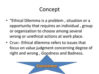 Concept
• “Ethical Dilemma is a problem , situation or a
opportunity that requires an individual , group
or organization to choose among several
wrong or unethical actions at work place.
• Crux:- Ethical dilemma refers to issues that
focus on value judgment concerning degree of
right and wrong , Goodness and Badness.
 
