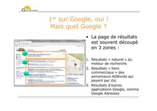 1er sur Google, oui !
        Mais quel Google ?
                     • La page de résultats
                       est souvent découpé
                       en 3 zones :
2


                     1. Résultats « naturel » du
3
                        moteur de recherche
                     2. Résultats « liens
    1                   commerciaux » des
                        annonceurs AdWords qui
                        payent par clic
                     3. Résultats d’autres
                        applications Google, comme
                        Google Adresses
 
