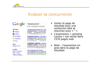 Evaluer la concurrence

           • Visiter la page de
             résultats pour une
             recherche ciblé et
             cherchez avec « " »
           • L’expression « camping
             Laruns » est utilisé dans
             1570 pages web

           • Note : l’expression en
             gras dans la page de
             résultats
 