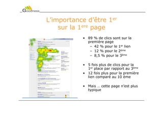 L’importance d’être 1er
    sur la 1ere page
           • 89 % de clics sont sur la
             première page
              – 42 % pour le 1er lien
              – 12 % pour le 2ème
              – 8,5 % pour le 3ème

           • 5 fois plus de clics pour la
             1er place par rapport au 3ème
           • 12 fois plus pour la première
             lien comparé au 10 ème

           • Mais … cette page n’est plus
             typique
 