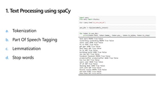 a. Tokenization
b. Part Of Speech Tagging
c. Lemmatization
d. Stop words
1. Text Processing using spaCy
 