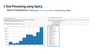 1. Text Processing using SpaCy
Word Probabilities: finding the most improbable words (noisy data)
 