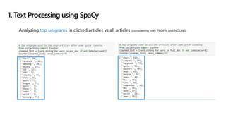 1. Text Processing using SpaCy
Analyzing top unigrams in clicked articles vs all articles (considering only PROPN and NOUNS)
 